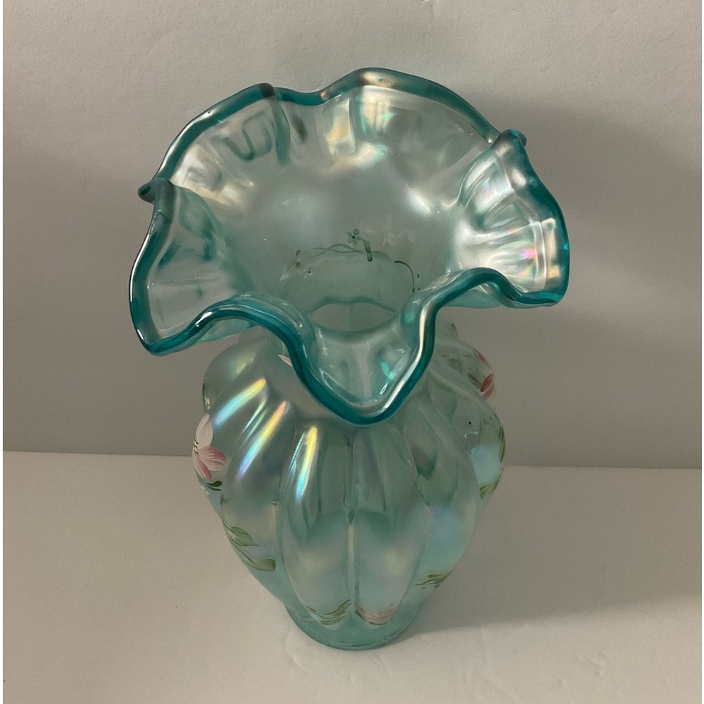 Fenton Ruffled Rim Iridescent Mist Green Vase - Picture 2 of 7